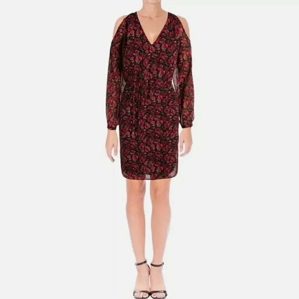 LAUREN Ralph Dress Sz 4 Cold Shoulder Sleeves Navy w/Pink Floral Long Sleeve